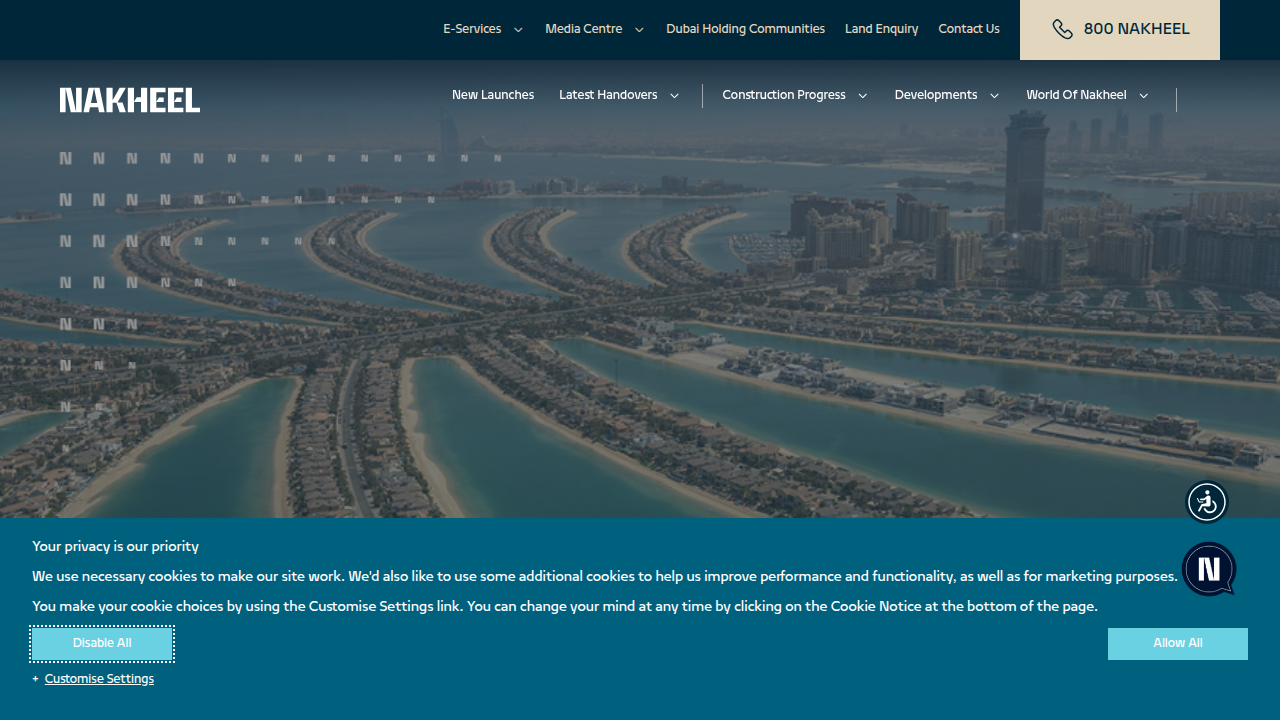 A screenshot of the Nakheel website, showcasing developments related to Palm Jumeirah.