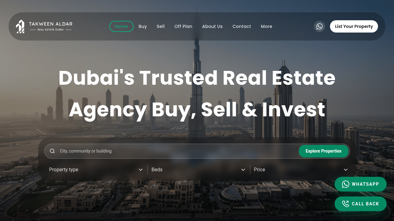 The homepage of Takween Aldar, a resource for understanding Dubai property laws for foreigners and investors.