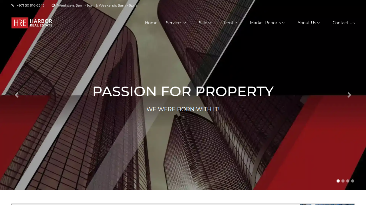 A screenshot of Harbor Real Estate Dubai's official website, highlighting their specialized services.