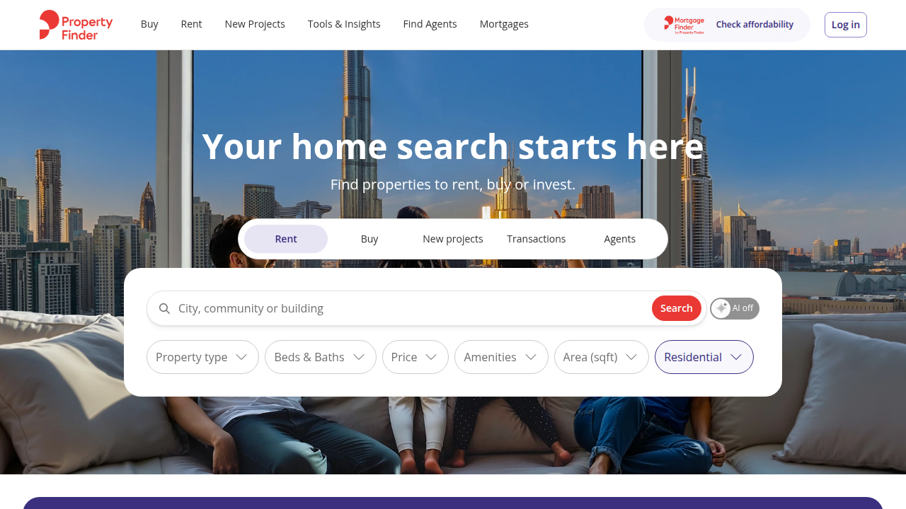 Property Finder's platform, a leading online portal for real estate listings in Dubai.