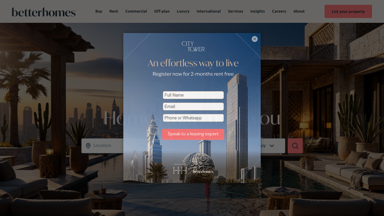 The website for Betterhomes, a real estate company in the UAE offering property services and market insights, including articles on agent licensing.