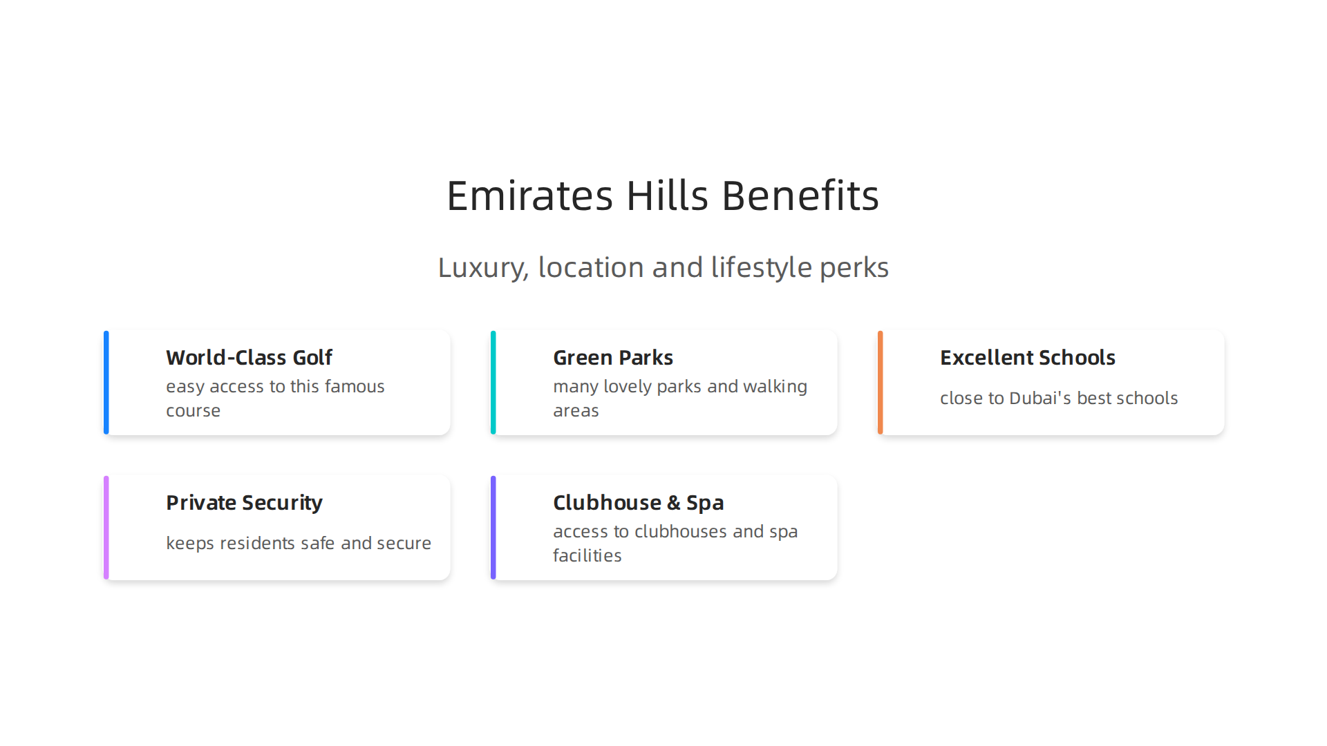 Key benefits defining the luxurious and convenient lifestyle in Emirates Hills, Dubai.