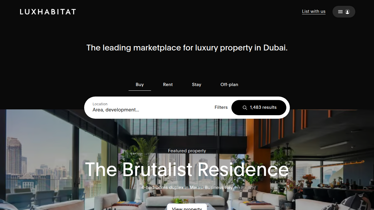 The Luxhabitat website, a specialized portal for luxury real estate properties in Dubai and beyond.