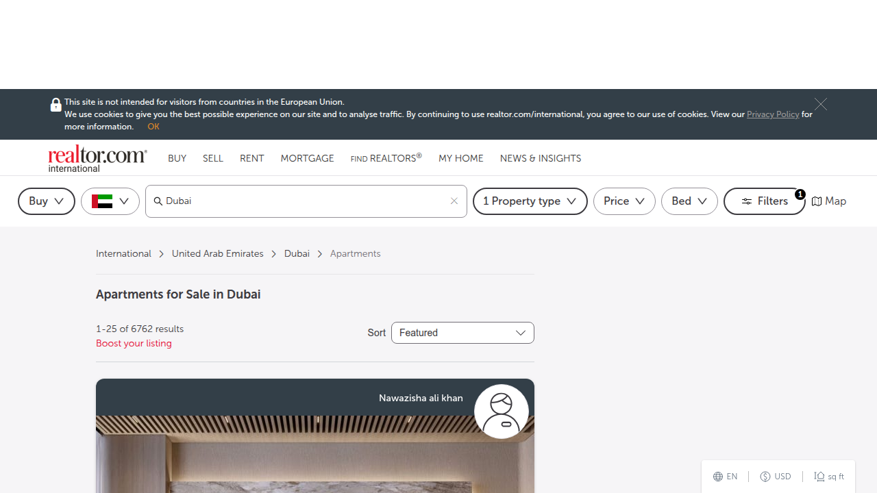 Realtor.com displays apartment listings across various Dubai neighborhoods, providing current market data for buyers.