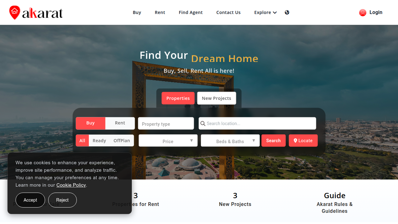 The homepage of Akarat.com, a platform for real estate companies and profiles, where clients can find broker information and reviews.