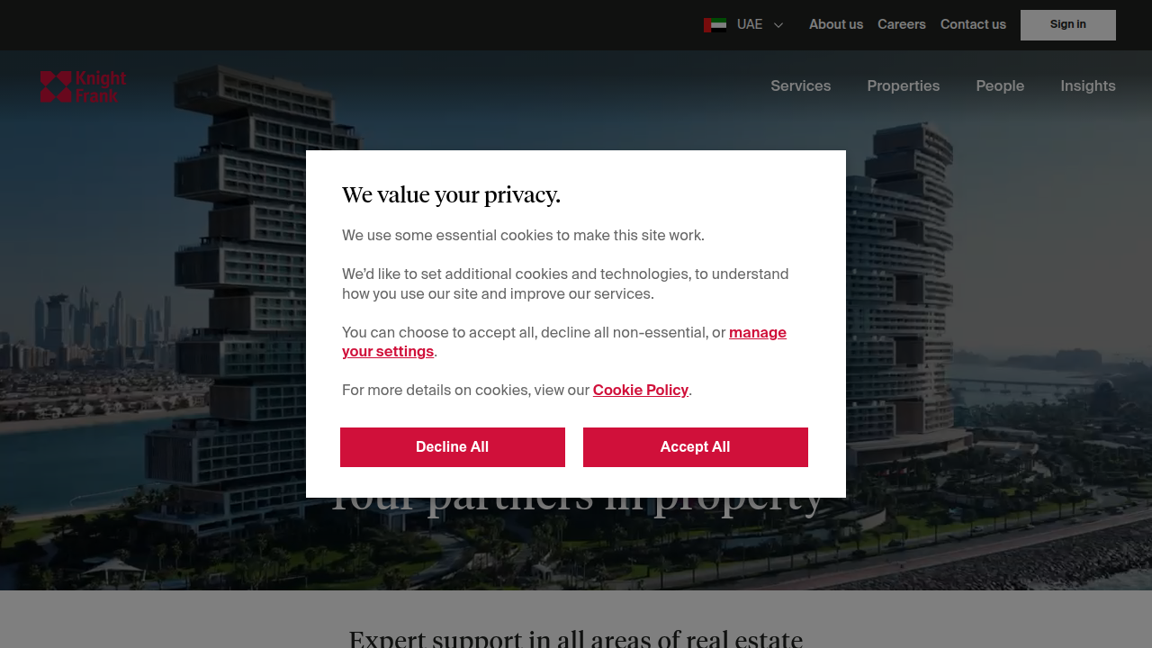 Screenshot of Knight Frank UAE's homepage, highlighting their real estate consultancy services.