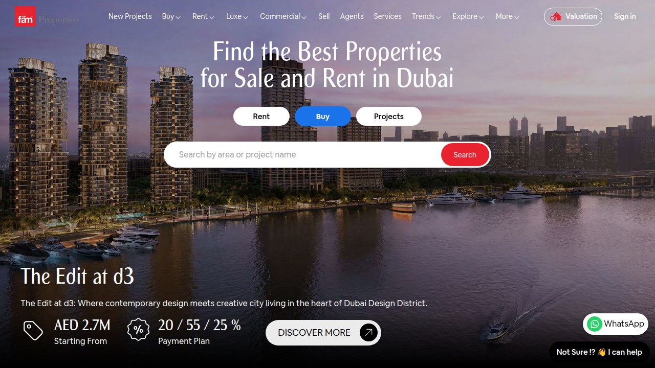 Homepage of fam properties, a real estate firm specializing in Dubai's luxury market, including Palm Jumeirah.