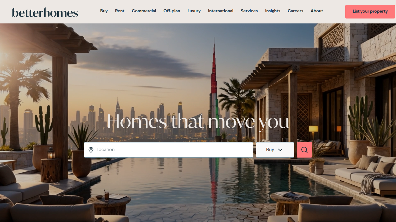 The homepage of Betterhomes, a leading real estate agency in Dubai, providing resources on property ownership types.