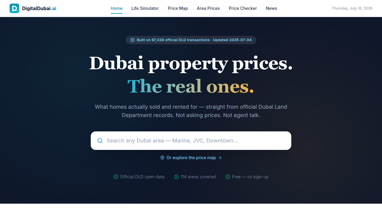 Screenshot of DigitalDubai.ai, providing market insights for Dubai property.