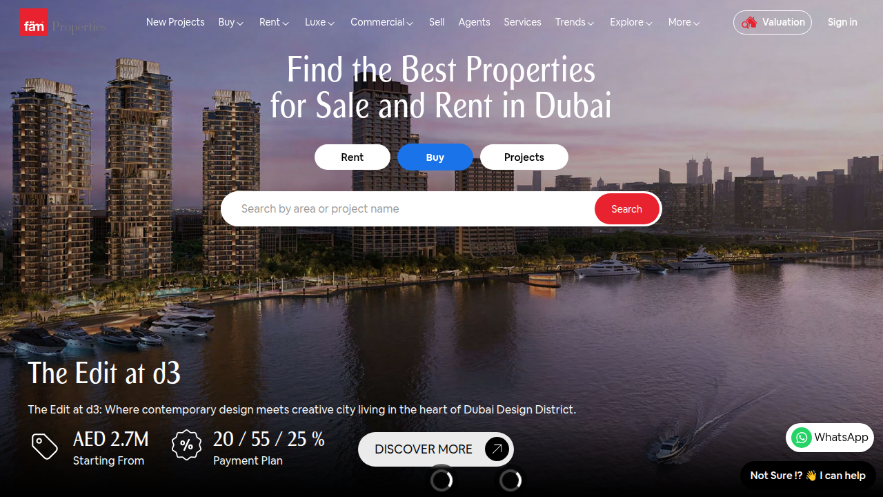 Screenshot of the Fam Properties website, showcasing a leading real estate agency with a presence in Palm Jumeirah.