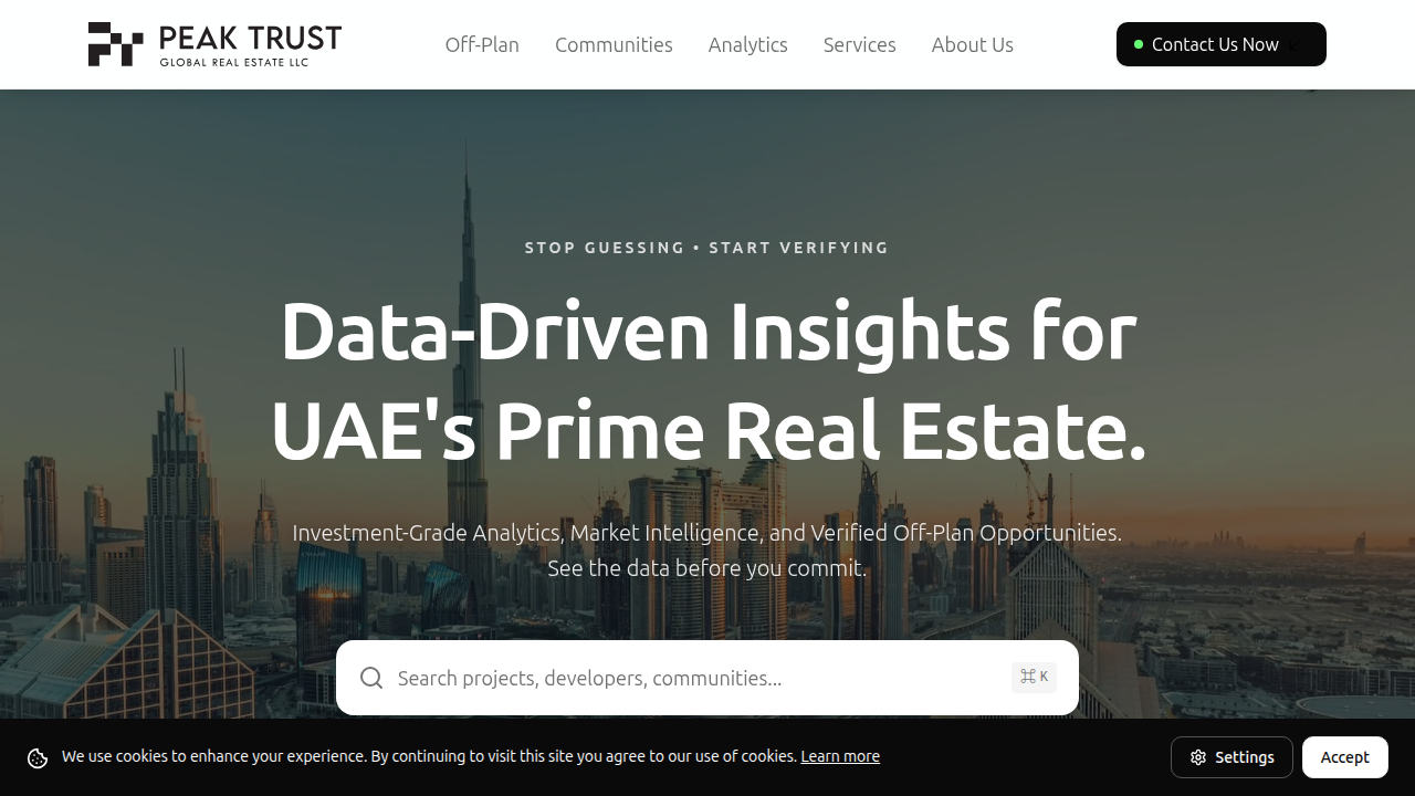 Screenshot of the PeakTrust.ae homepage, a platform offering insights into property market trends and yields.