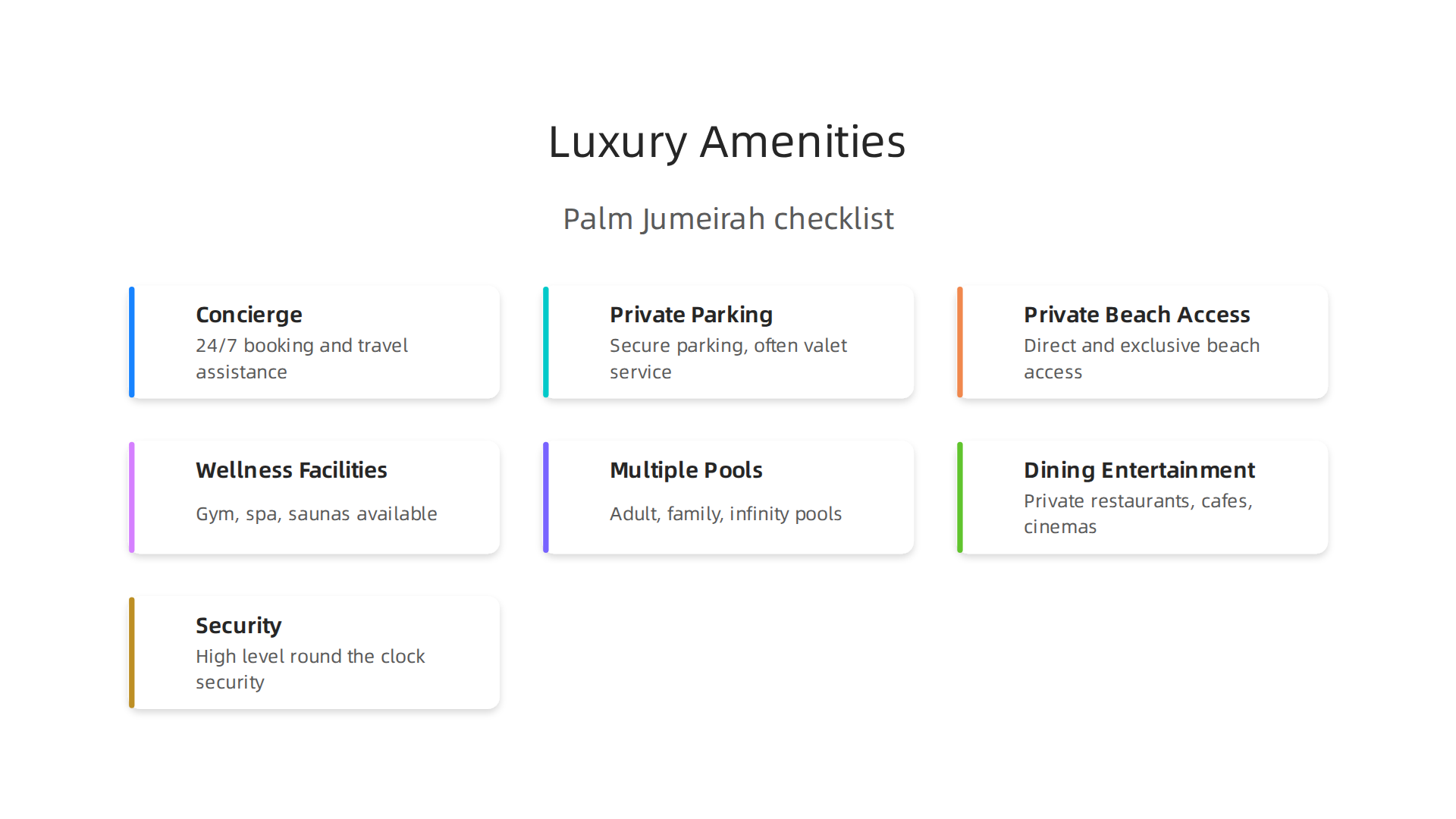 A visual checklist outlining the key services and amenities expected in a luxury apartment on Palm Jumeirah.