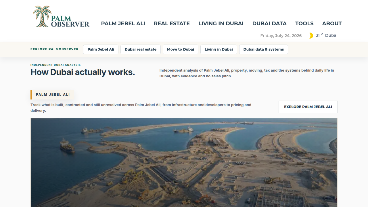 A screenshot of a property market trends website providing insights into Palm Jumeirah property prices.