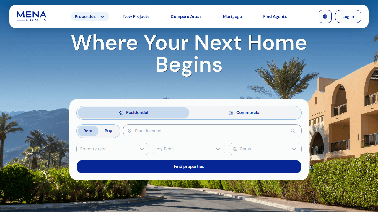 Homepage of Menahomes.ae, a platform providing real estate insights and market reports for the UAE.
