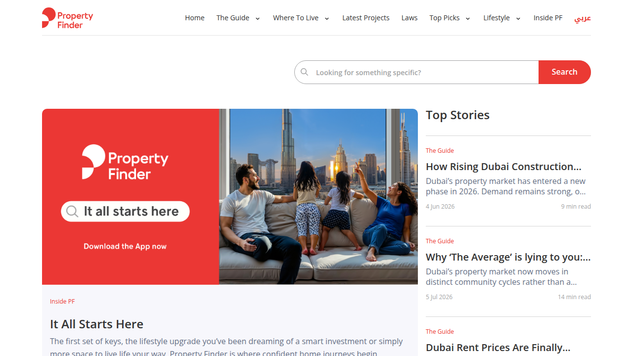 Homepage of Propertyfinder.ae blog, a leading real estate portal, showing articles related to property taxes and fees in Abu Dhabi.