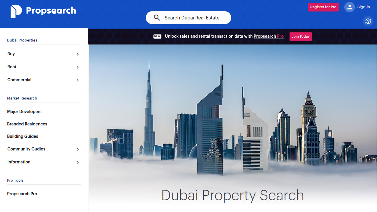 Propsearch.ae, a platform for exploring Dubai's various sub-communities and properties.